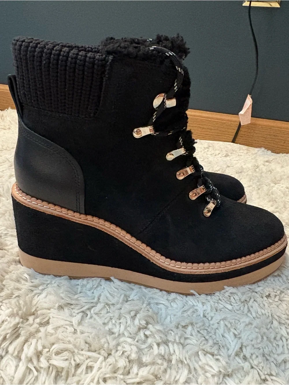 Kate Spade Willow Wedge Lace Up Knit Collar Suede Platform Booties